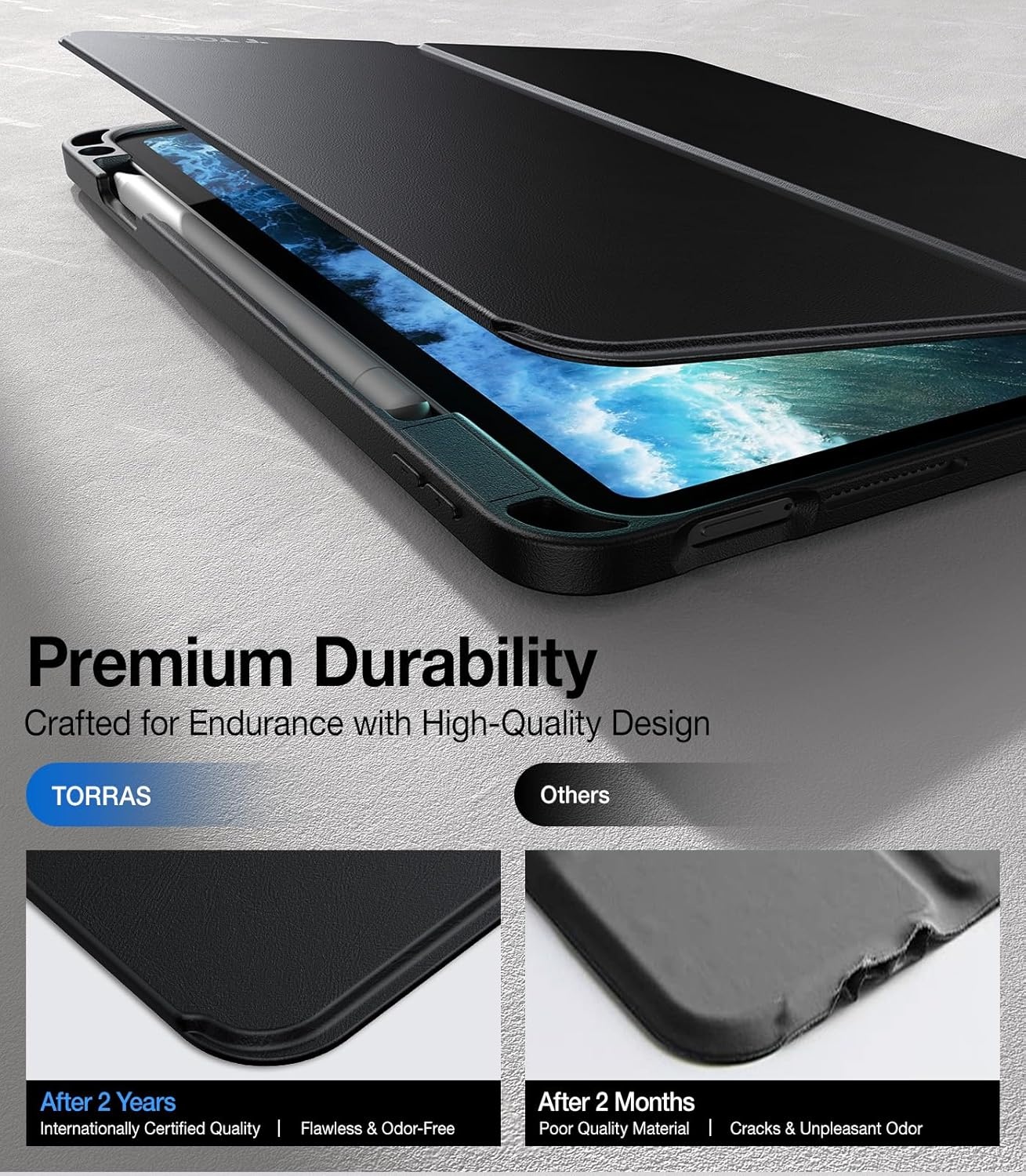 image:imageTORRAS for iPad Air 11 inch Case M2M3M4 iPad Air 6th 5th 4th Generation Case with Pencil Holder Auto SleepWake Protective Leather Stand Cover BlackBlack