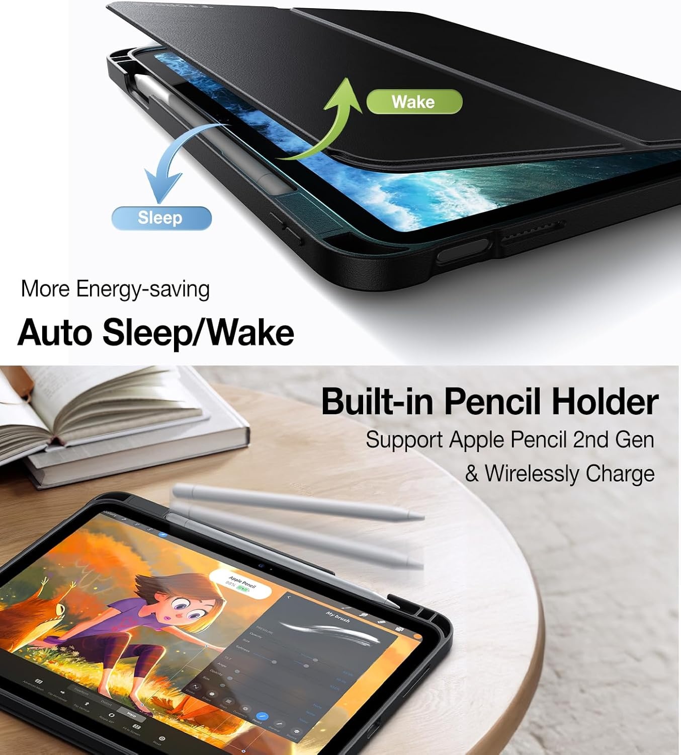 image:imageTORRAS for iPad Air 11 inch Case M2M3M4 iPad Air 6th 5th 4th Generation Case with Pencil Holder Auto SleepWake Protective Leather Stand Cover BlackBlack
