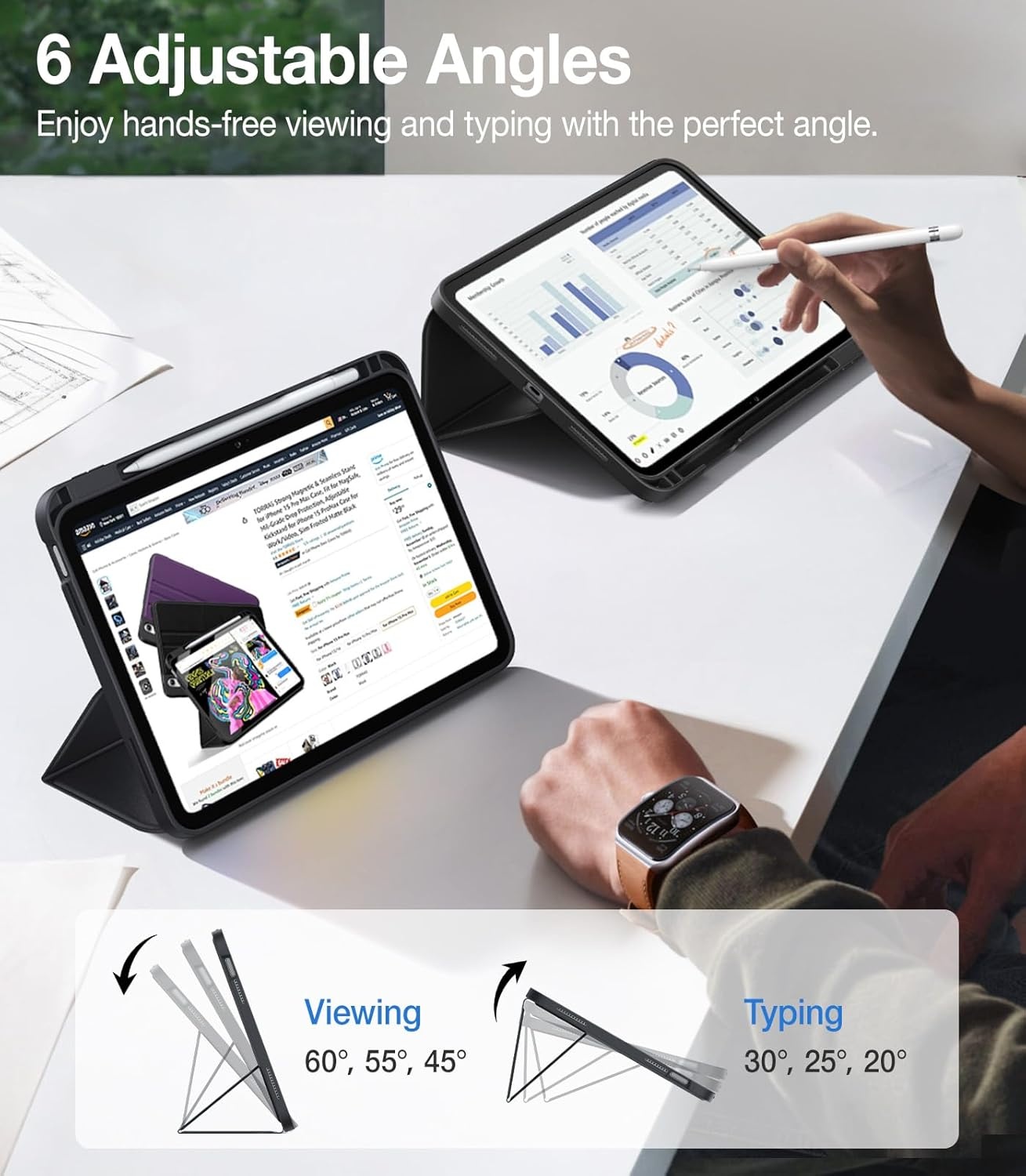 image:imageTORRAS for iPad Air 11 inch Case M2M3M4 iPad Air 6th 5th 4th Generation Case with Pencil Holder Auto SleepWake Protective Leather Stand Cover BlackBlack