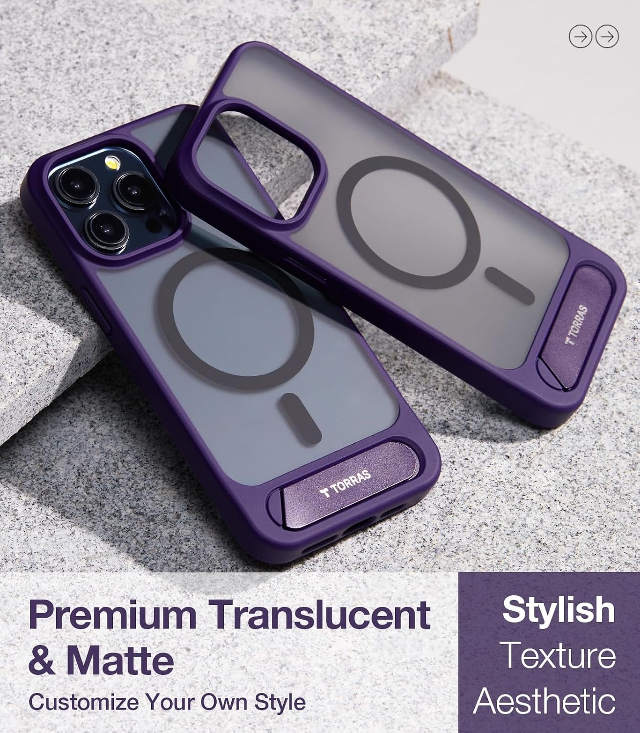image:imageTORRAS for iPhone 13 Casefor iPhone 14 Case Translucent Black Strong Magnetic amp Seamless Stand Fit for MagSafe MilitaryGrade Drop Protection Sturdy Adjustable Kickstand Slim Matte FinishPurple