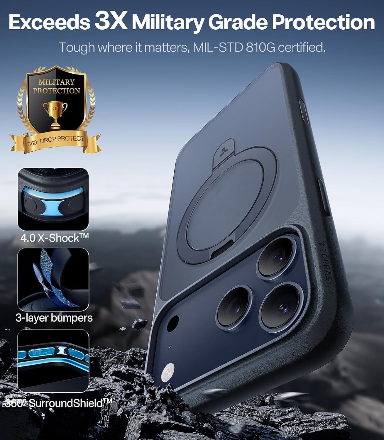 image:imageTORRAS for iPhone 16 Pro Max Case Clear with Stand Fit for MagSafeShockproof Military Grade Protection Slim Magnetic Phone Case for iPhone 16 Pro Max 69 2024 ClearBlack