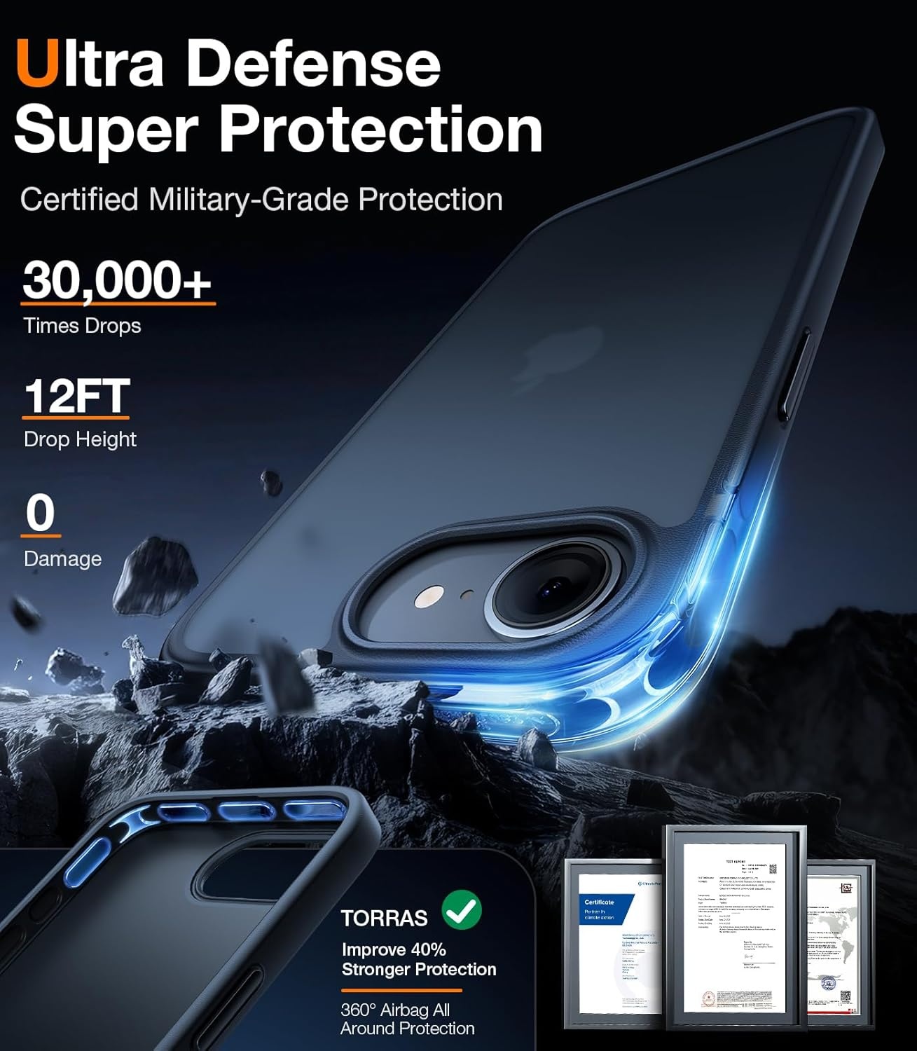 image:imageTORRAS for iPhone 17 Pro Case Beyond MilitaryGrade Protection Camera Control Button DIY Buttons Translucent Matte Slim Thin Shockproof Hard Back AntiScratch case for iPhone 17 Pro Deep BlueBlack