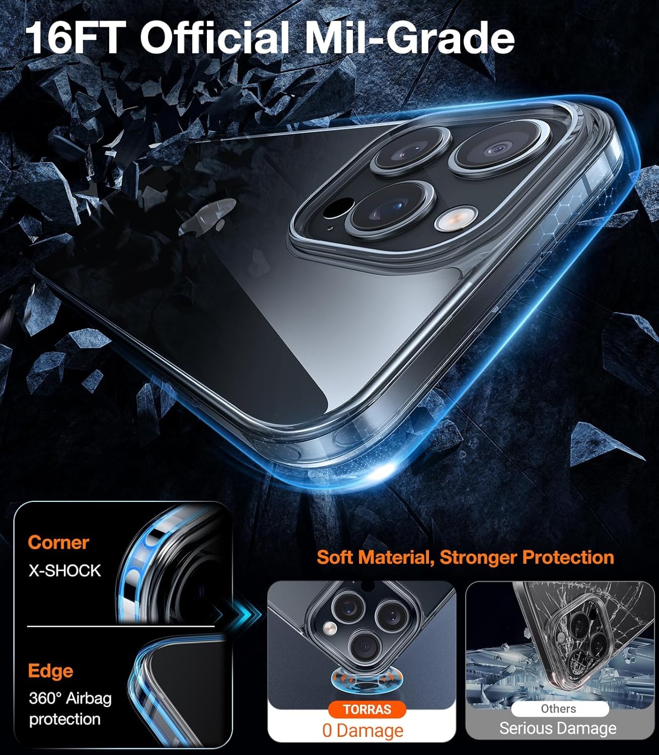 image:imageTORRAS for iPhone 17 Pro Max Case Crystal Clear AntiYellowingMilitaryGrade Protection Ultra Slim Transparent AntiScratch Back Soft Bumper NonSlip 17 Pro Max Phone Case Clear 69Clear Black