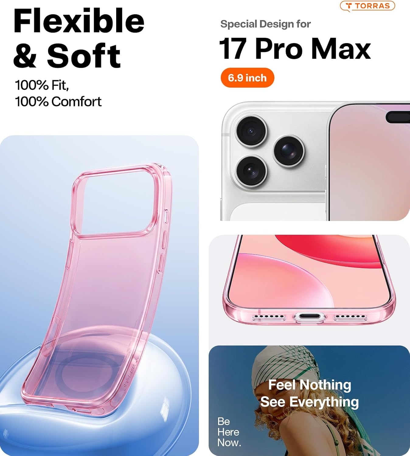 image:imageTORRAS for iPhone 17 Pro Max Case Crystal Clear AntiYellowingMilitaryGrade Protection Ultra Slim Transparent AntiScratch Back Soft Bumper NonSlip 17 Pro Max Phone Case Clear 69Clear Pink