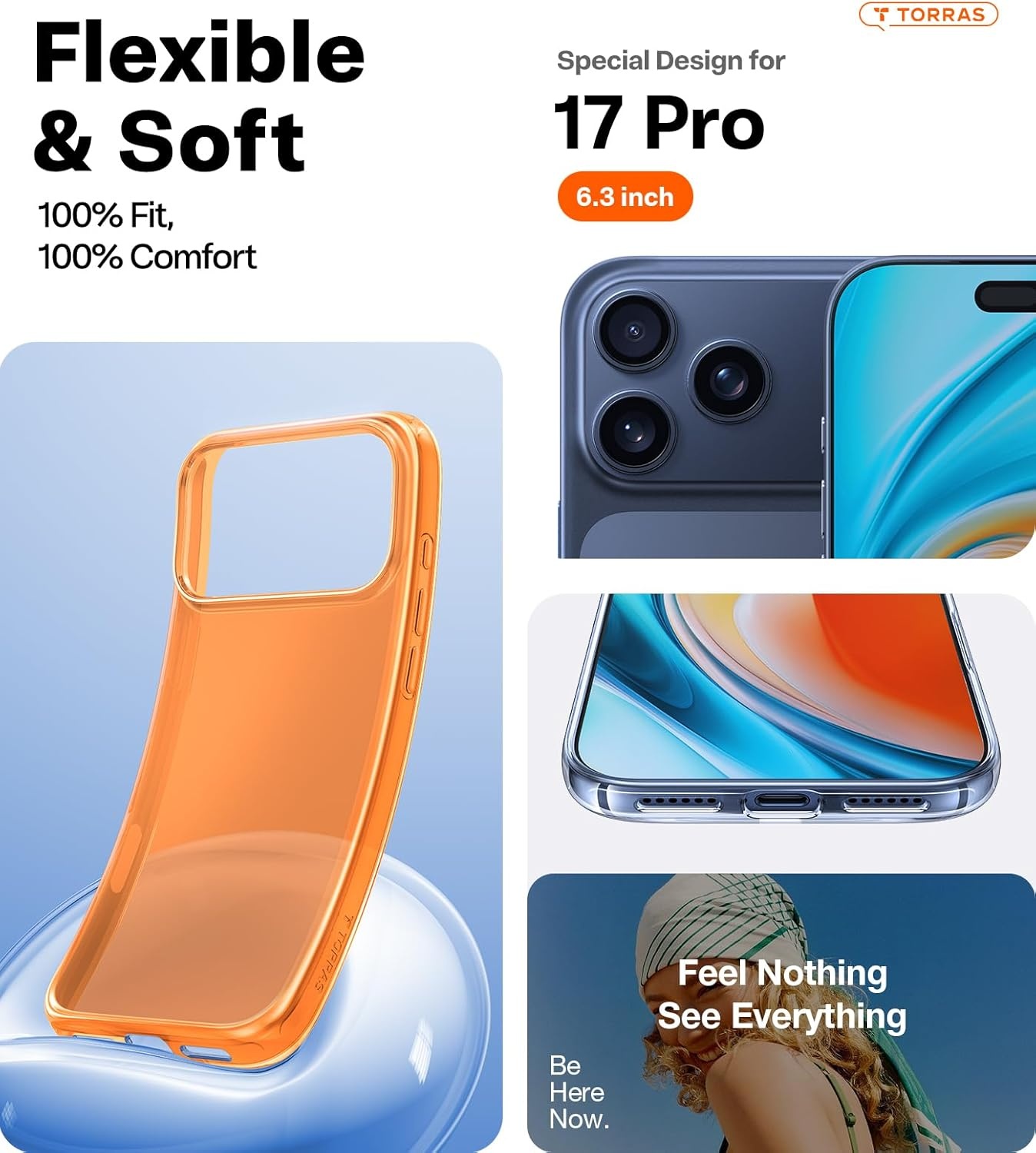 image:imageTORRAS for iPhone 17 Pro Max Case Crystal Clear AntiYellowingMilitaryGrade Protection Ultra Slim Transparent AntiScratch Back Soft Bumper NonSlip 17 Pro Max Phone Case Clear 69Clear Orange