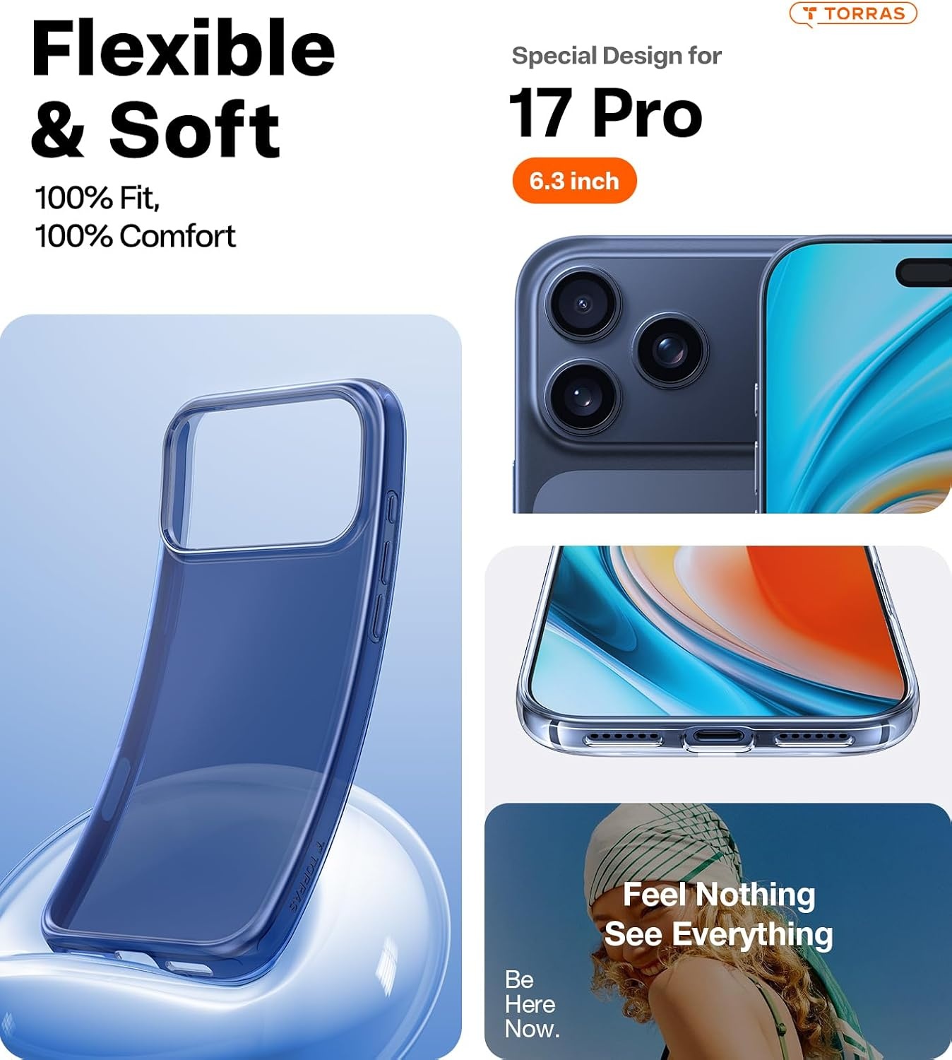 image:imageTORRAS for iPhone 17 Pro Max Case Crystal Clear AntiYellowingMilitaryGrade Protection Ultra Slim Transparent AntiScratch Back Soft Bumper NonSlip 17 Pro Max Phone Case Clear 69Clear Blue