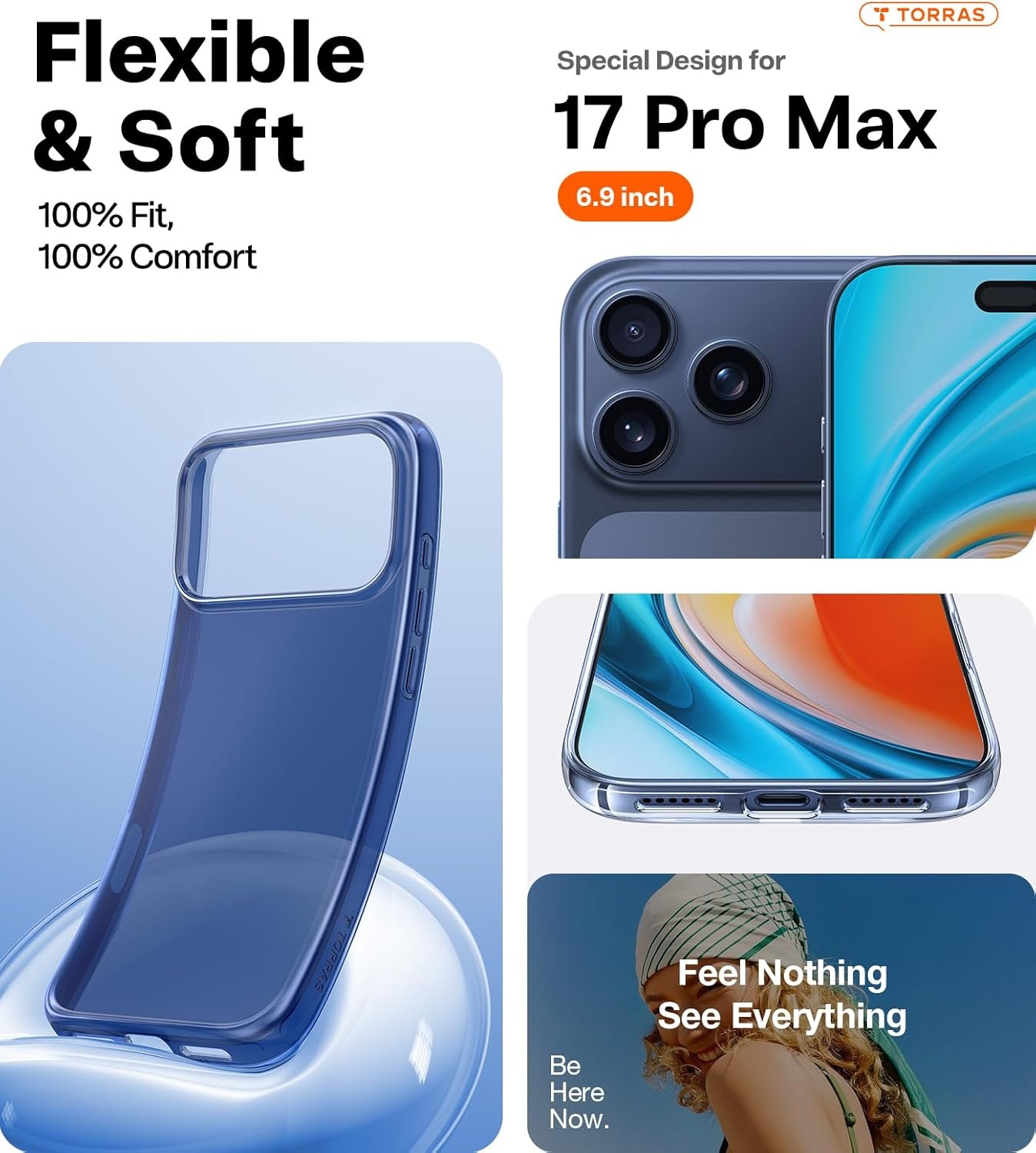 image:imageTORRAS for iPhone 17 Pro Max Case Crystal Clear AntiYellowingMilitaryGrade Protection Ultra Slim Transparent AntiScratch Back Soft Bumper NonSlip 17 Pro Max Phone Case Clear 69Clear Blue