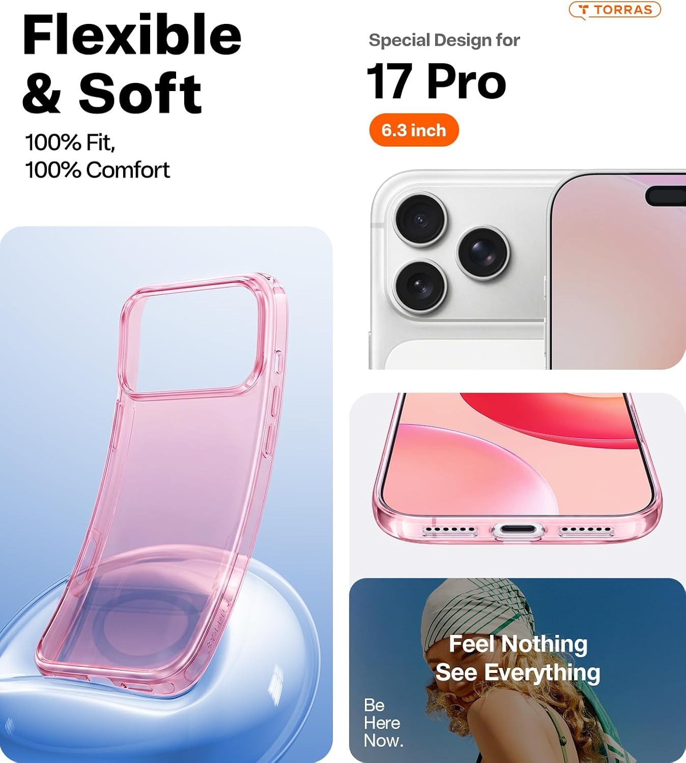 image:imageTORRAS for iPhone 17 Pro Max Case Crystal Clear AntiYellowingMilitaryGrade Protection Ultra Slim Transparent AntiScratch Back Soft Bumper NonSlip 17 Pro Max Phone Case Clear 69Clear Pink