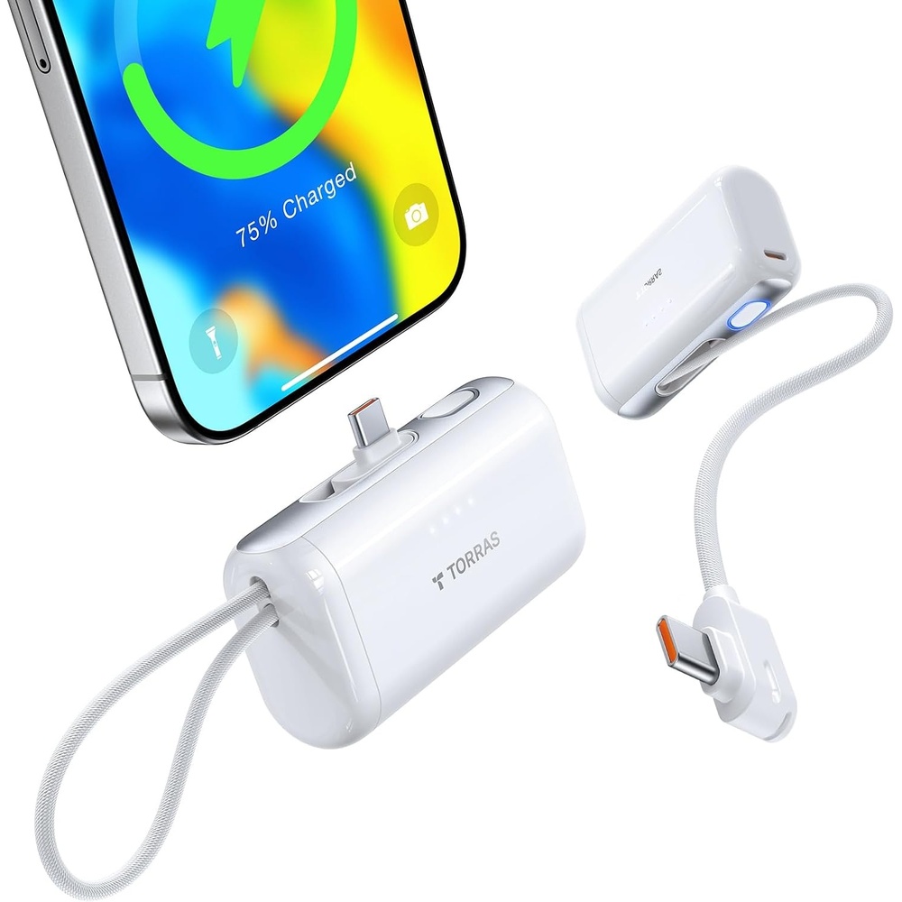 image:imageTORRAS 2in1 iPhone 16 Portable Charger 5000mAh 225W Mini Power Bank with Builtin USBC Cable Fast Charge Battery Pack Travel Essential for iPhone 171615 Galaxy S25 Google Desert TitaniumArctic White