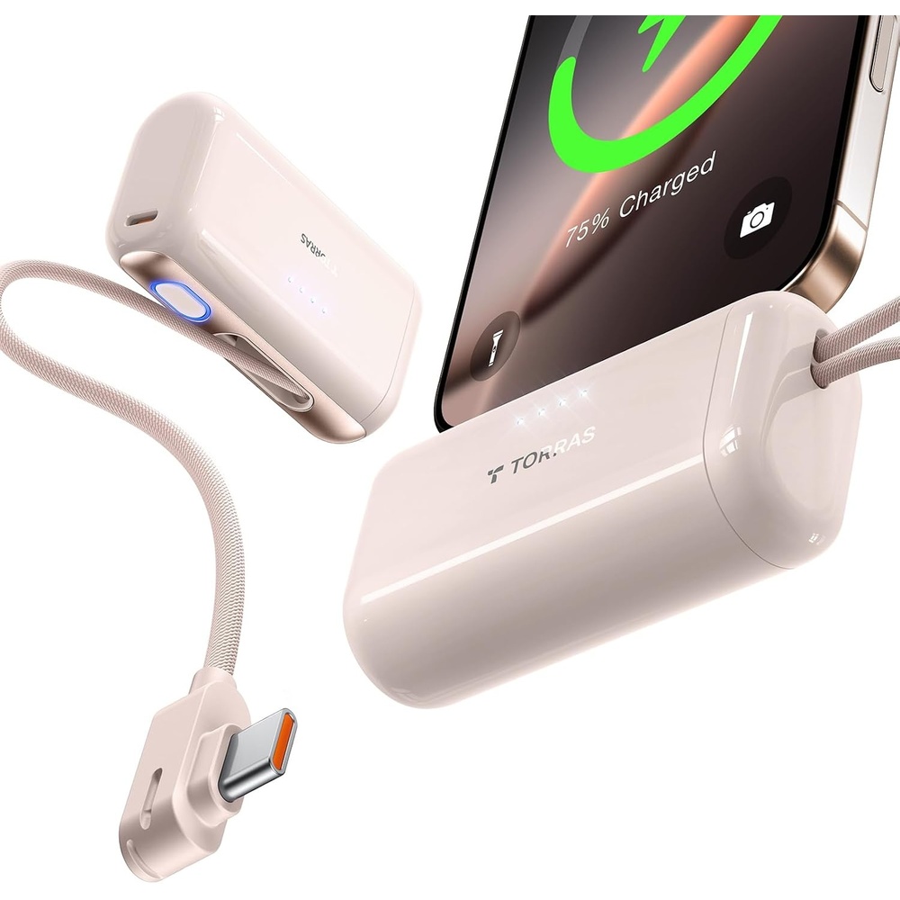 image:imageTORRAS 2in1 iPhone 16 Portable Charger 5000mAh 225W Mini Power Bank with Builtin USBC Cable Fast Charge Battery Pack Travel Essential for iPhone 171615 Galaxy S25 Google Desert TitaniumRose Gold