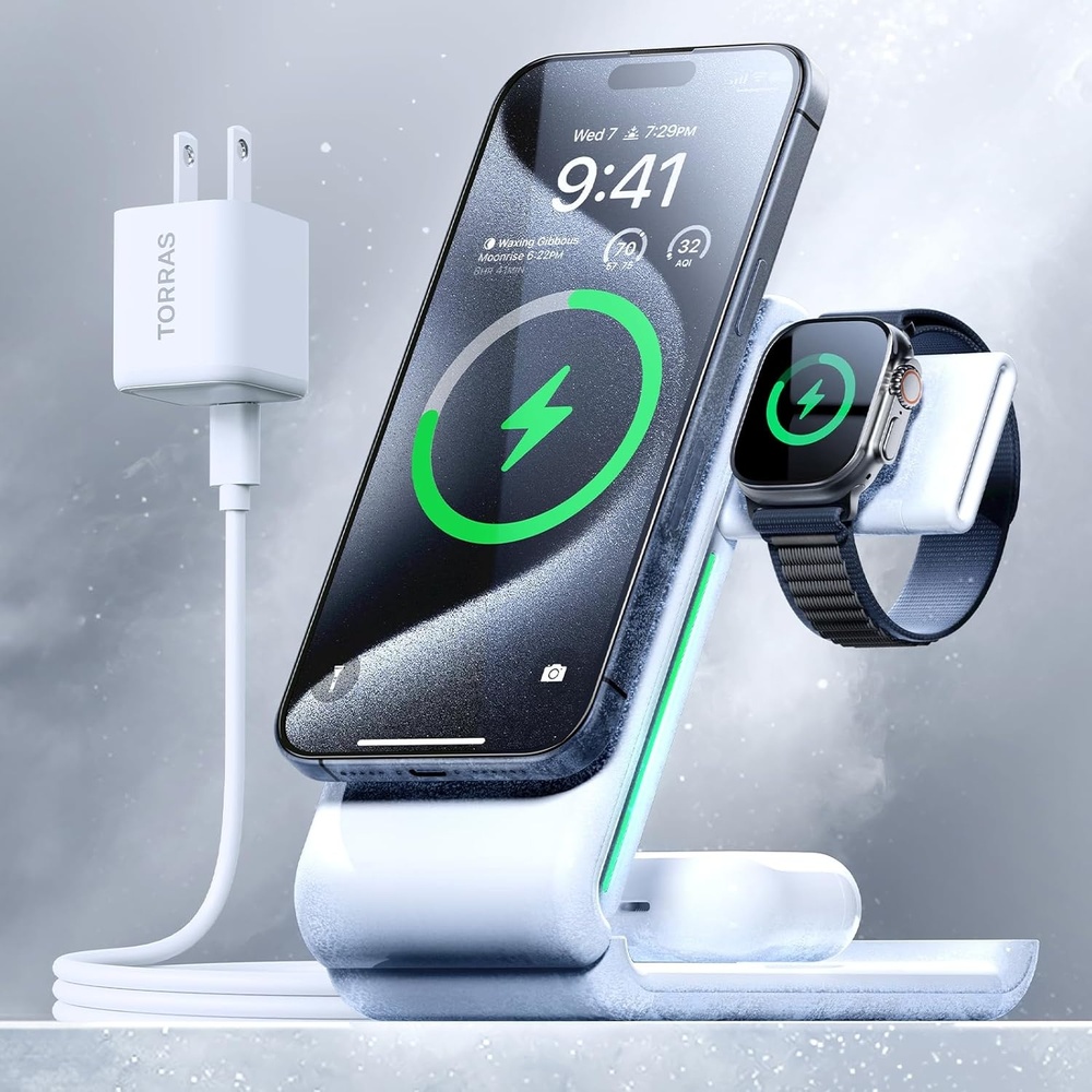 image:imageTORRAS 3 in 1 Charging Station with MagSafe Charger Stand Cooling 15W Max Fast Charging Foldable Wireless Charger for iPhone 15141312 Apple Watch S18Ultra AirPods30W USBC Charger Included
