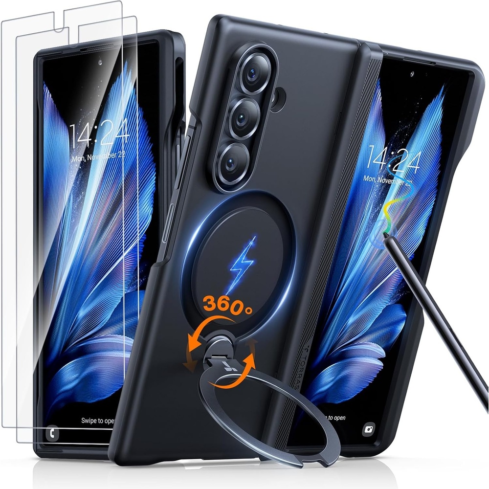 image:imageTORRAS 360 Spin Magnetic Stand for Galaxy Z Fold 7 Case with S Pen Holder MILGrade Hinge Protection Fit for Magsafe 360 Kickstand amp Ring Holder Armor Slim for Samsung Galaxy Z Fold 7 Black