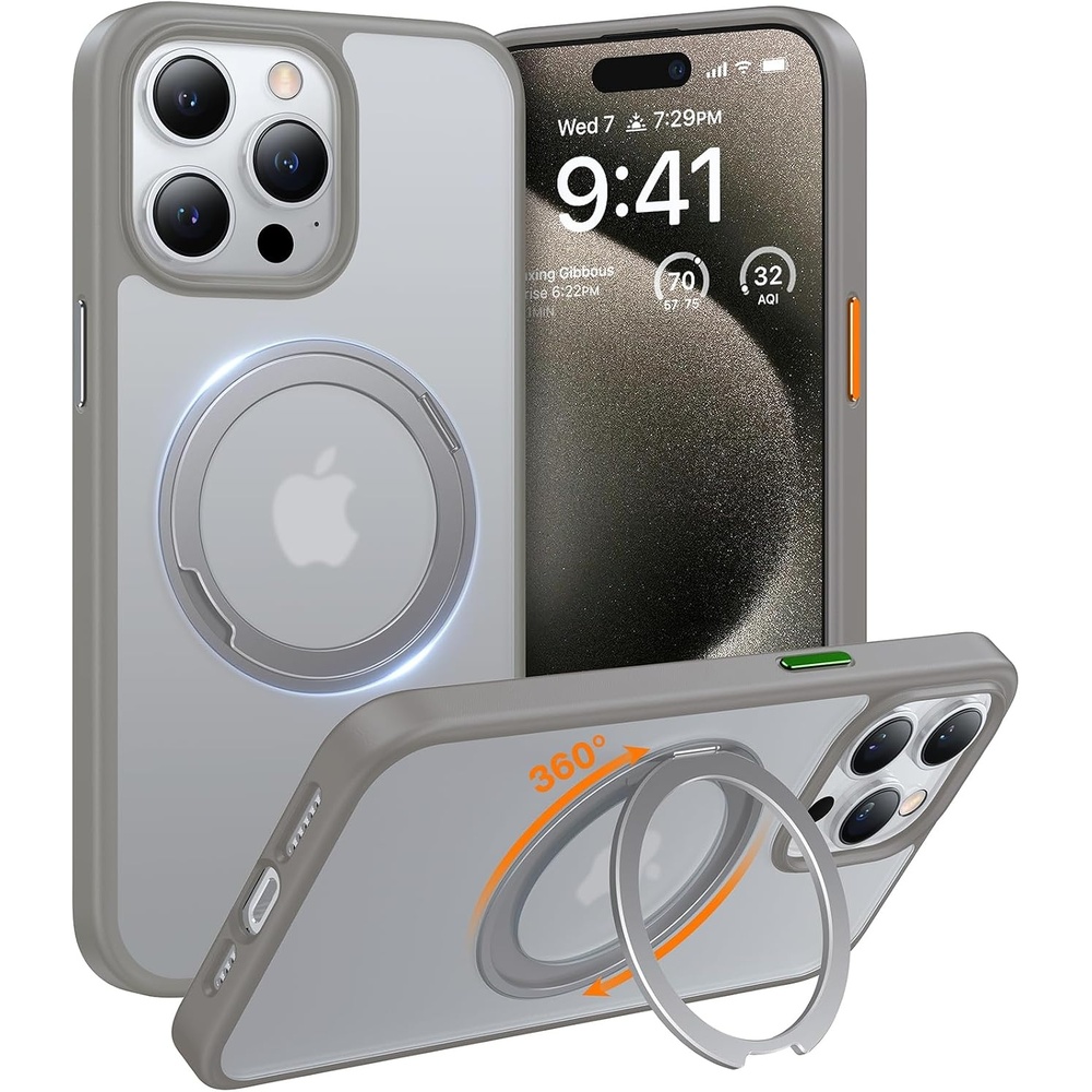 image:imageTORRAS 360Rotatable Magnetic Ring for iPhone 15 Pro Max Case Compatible with MagSafe with Stand amp Ring Holder Military Grade Shockproof Translucent Back Phone Case Ostand R Light Grey Titanium
