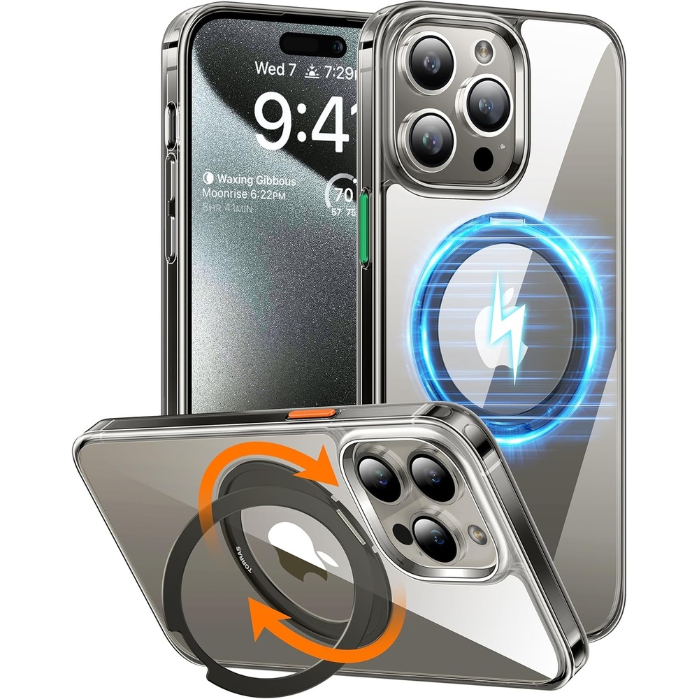image:imageTORRAS 360Rotatable Magnetic Ring for iPhone 15 Pro Max Case Designed for MagSafe with Stand amp Ring Holder Military Grade Shockproof Translucent Back for iPhone 15 ProMax Case Ostand R Clear Grey