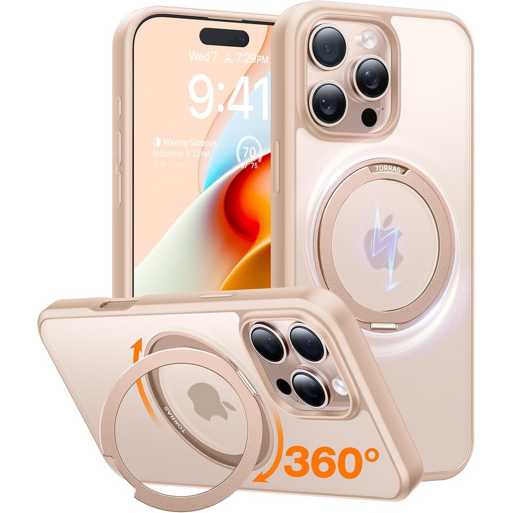 image:imageTORRAS 360Rotatable Magnetic for iPhone 16 Pro Case 63 inch Fit for MagSafe 16 Pro Phone Case 16FT Military Grade Shockproof Flush Stand Ring Translucent Slim Protective Ostand Desert Titanium