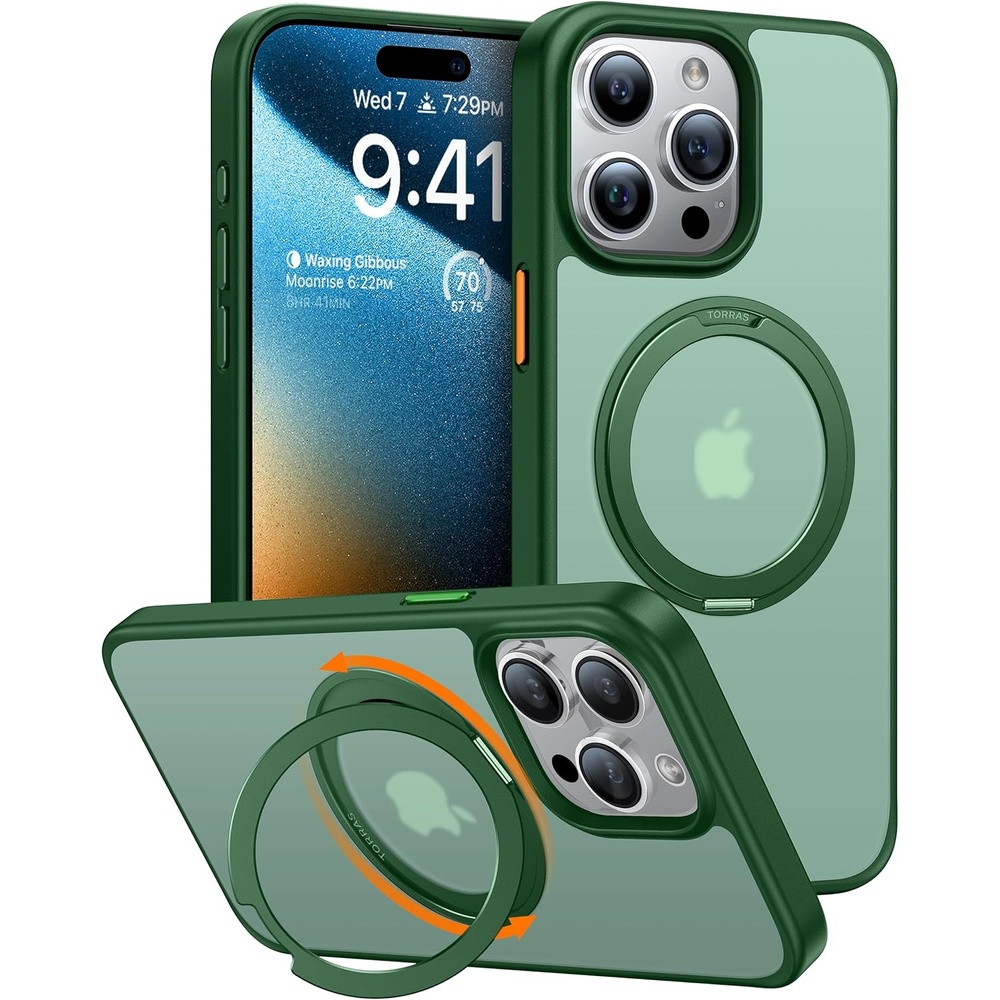 image:imageTORRAS 360Rotatable Ring for iPhone 15 Pro Case 61 Compatible with MagSafe 15 Pro Case with Stand Translucent Slim Protective MilGrade Shockproof Cover 2023 Green