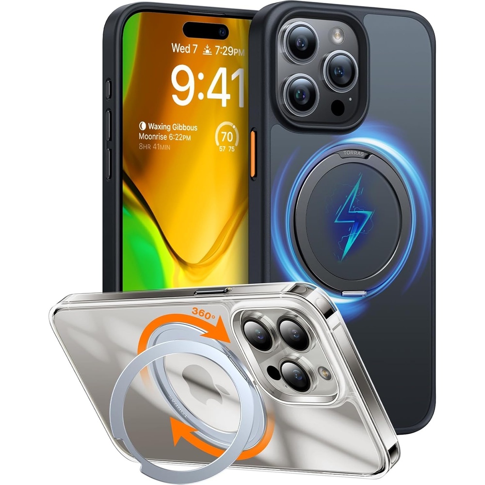 image:imageTORRAS 360Rotatable Ring for iPhone 15 Pro Case Compatible with MagSafe 15 Pro Case with Stand Translucent Slim Protective Ring Holder Military Grade Shockproof Cover for 15 Pro 2023 Black
