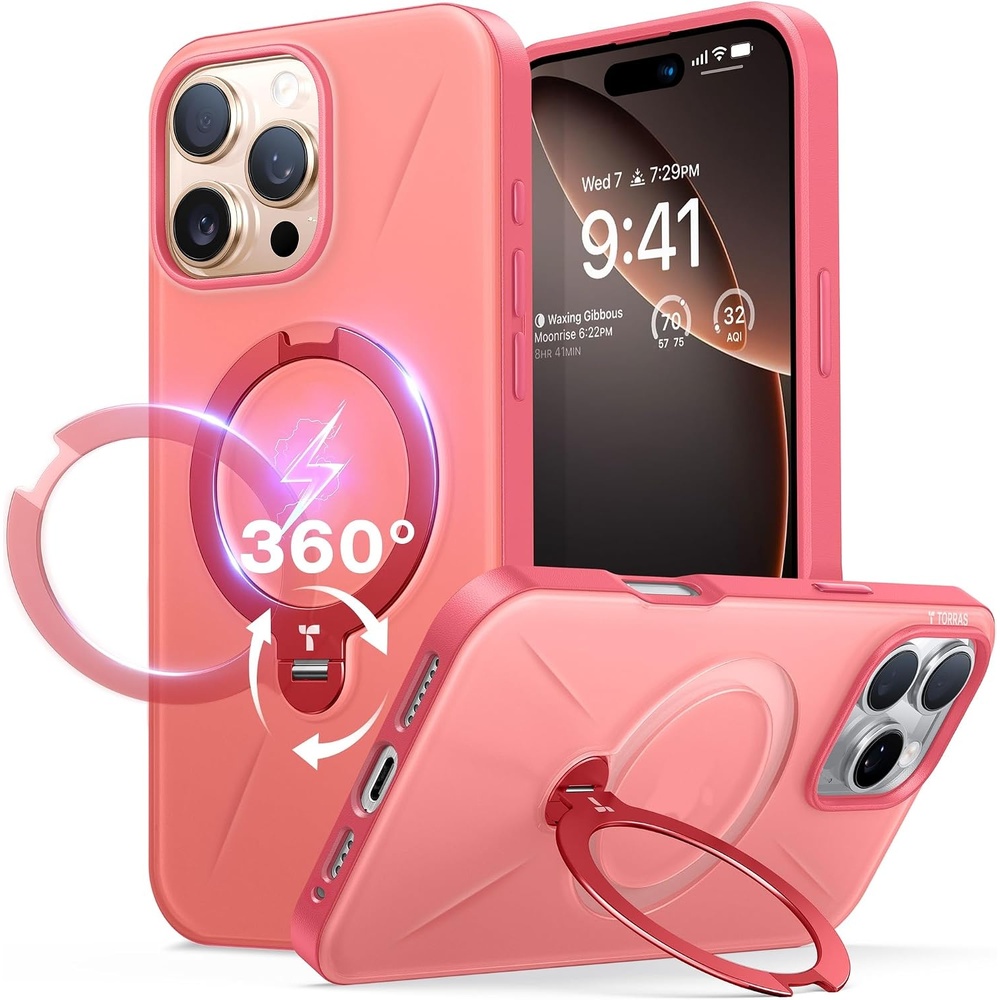 image:imageTORRAS 360Spin Stand for iPhone 16 Pro Case 63 inch Fit for Magsafe Hard PC MilSTD Protective ScratchResistant Case for iPhone 16 Pro Phone Case Ostand Spin Dune Beige 2024Hot Coral