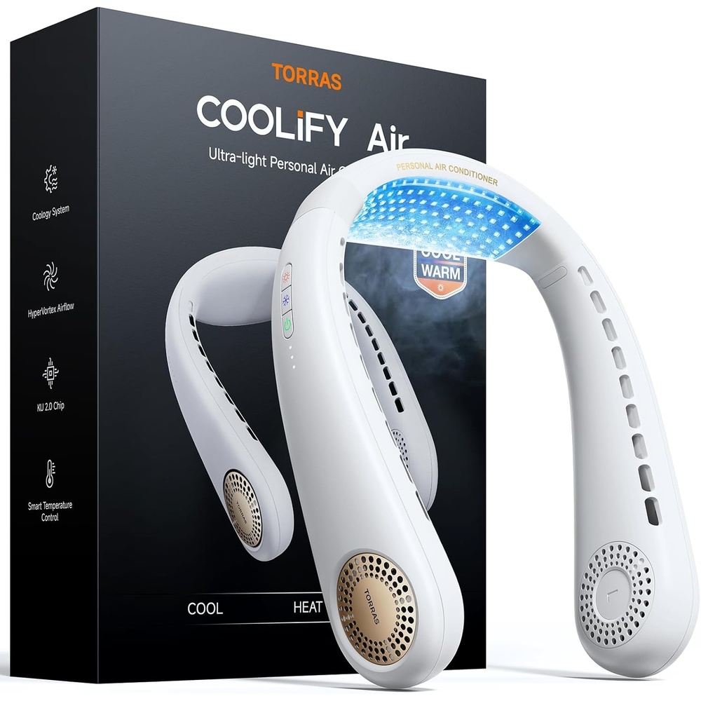 image:imageTORRAS COOLiFY Air 2026 Upgraded Neck Fan Air Conditioner DualAirflow Pro Cooling Ultra Light Portable Fan Rechargeable Personal Cooling Fan Travel Essentials Gift for Dad Husband Father BlackWhite