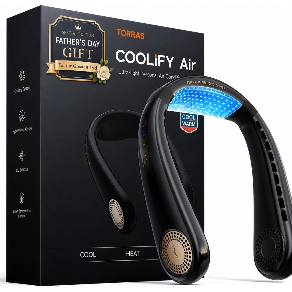 image:imageTORRAS COOLiFY Air 2026 Upgraded Neck Fan Air Conditioner DualAirflow Pro Cooling Ultra Light Portable Fan Rechargeable Personal Cooling Fan Travel Essentials Gift for Dad Husband Father BlackPure Black