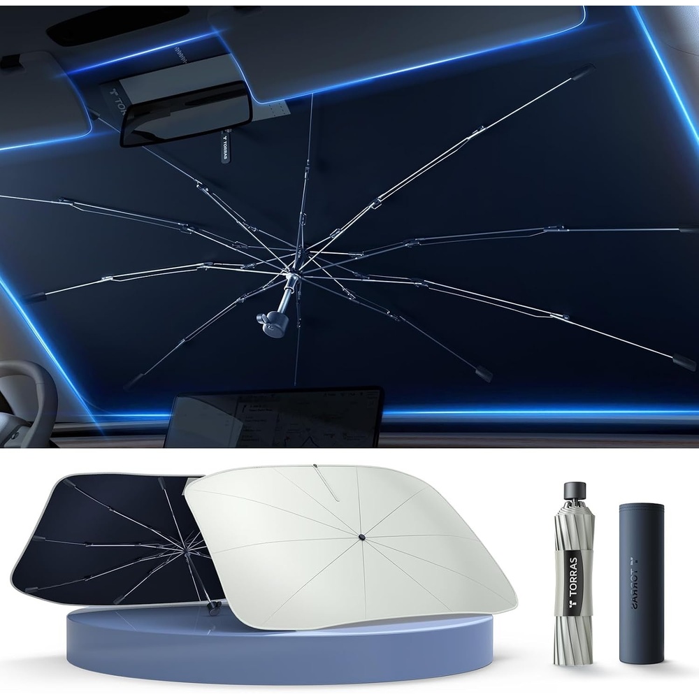 image:imageTORRAS Car Windshield Sun Shade Umbrella with Organizer Foldable Shades for Front Window Cover with Mirror Zipper Block UV Rays amp Heat Fit Most VehiclesKeep Cool M56 33inchSmall 5431inch