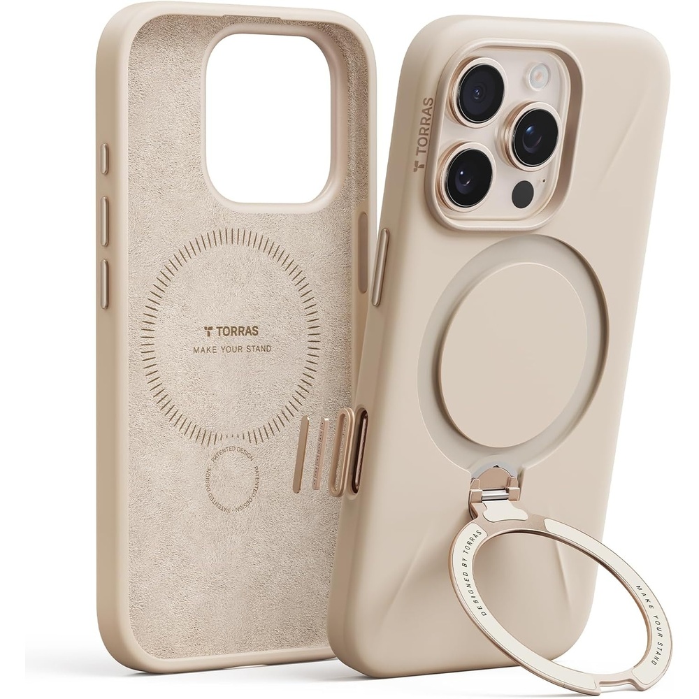image:imageTORRAS Liquid Silicone for iPhone 16 Pro Case with 360 Spin Magnetic Ring Stand with Camera Control Fit for MagSafe OStand Q3 Silicone NonSlip Protective Case for iPhone 16 Pro Obsidian BlackDune Beige