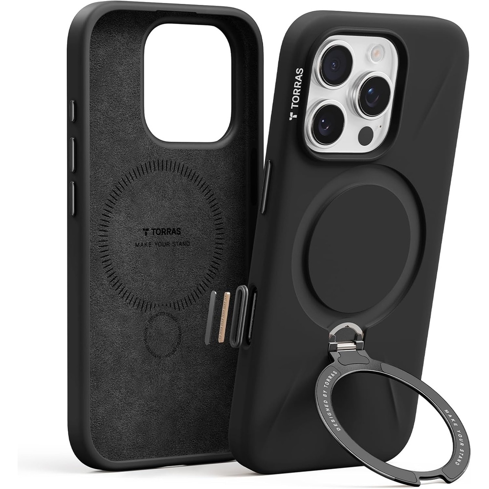 image:imageTORRAS Liquid Silicone for iPhone 16 Pro Case with 360 Spin Magnetic Ring Stand with Camera Control Fit for MagSafe OStand Q3 Silicone NonSlip Protective Case for iPhone 16 Pro Obsidian BlackBlack