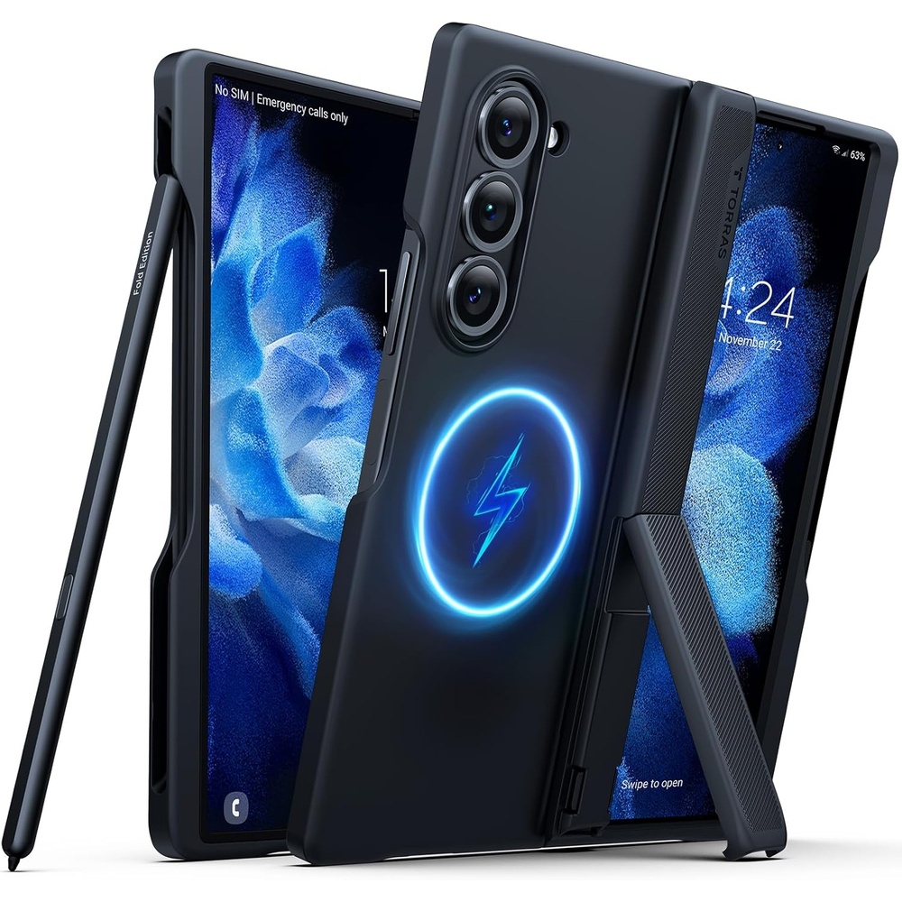 image:imageTORRAS Magnetic Armor Stand for Samsung Galaxy Z Fold 6 Case with S Pen Holder MILGrade Hinge Protection Compatible with MagSafe Invisible Kickstand Slim for Galaxy Z Fold 6 Case Black