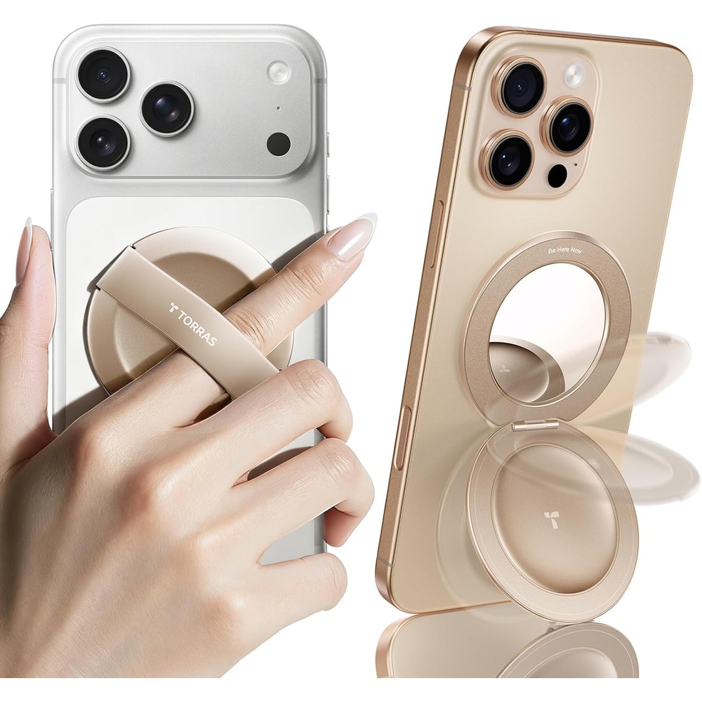 image:imageTORRAS Magnetic Phone Grip Ring Stand Holder Comfortable Silicone Ring Compatible with MagSafe Accessories 4in1 Kickstand for iPhone 17 Pro Max 16 15 14 13 Android BlackRosegold