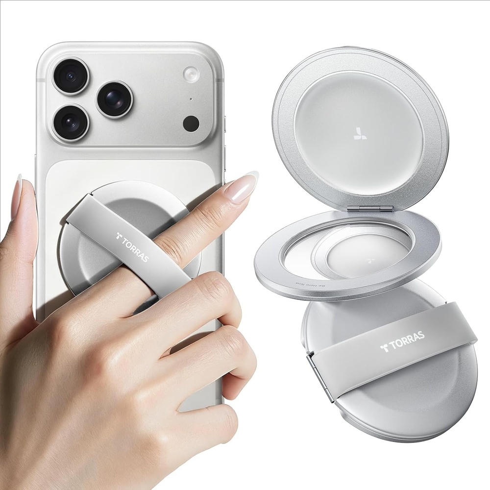 image:imageTORRAS Magnetic Phone Grip Ring Stand Holder Comfortable Silicone Ring Compatible with MagSafe Accessories 4in1 Kickstand for iPhone 17 Pro Max 16 15 14 13 Android BlackSilver