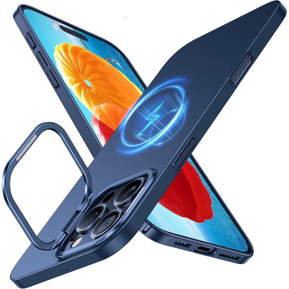 image:imageTORRAS Magnetic Slim Fit Case for iPhone 16 Pro with Stand Compatible with MagSafe Builtin Stash Stand Ultra Thin AntiScratch Matte Hard Phone Case 63 inch Desert Titanium GoldNavy Blue