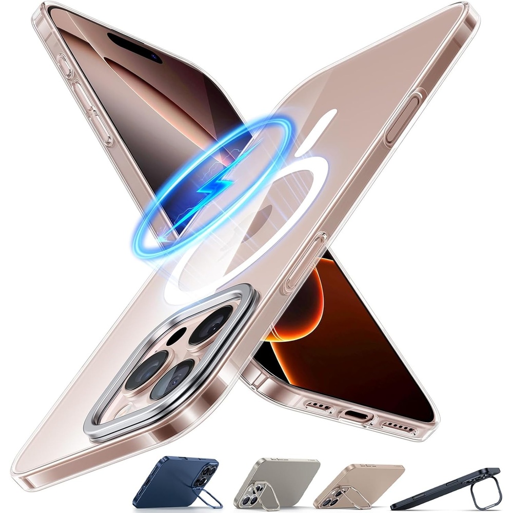 image:imageTORRAS Magnetic Slim Fit for iPhone 16 Pro Max Case with Stand UltraThin 16 Pro Max Phone Case Compatible with MagSafe Builtin Stash Stand Light AntiScratch Matte Hard PC 69 inch Black5Diamond Clear
