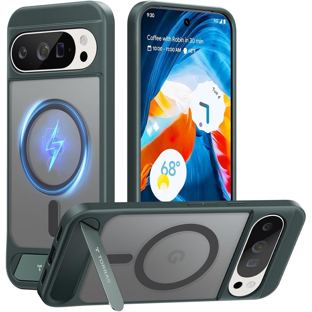 image:imageTORRAS Magnetic amp Stand for Google Pixel 9 Pro XL Case Clear Fit for MagSafe 12FT MilGrade Drop Protection Slim Fit for Google Pixel 9 Pro XL Phone Case with Builtin Kickstand Diamond ClearGreen