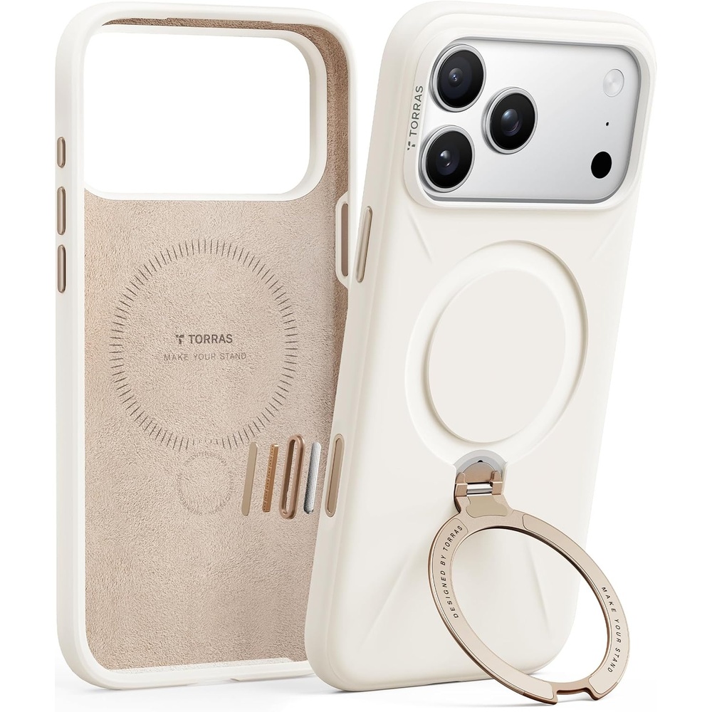 image:imageTORRAS Magnetic for iPhone 16 Pro Max Case Silicone with Stand Fit for MagSafe 360 Ring Stand with Camera Control Ostand Q3 Silicone Rubber Soft Case for iPhone 16 Pro Max 69 Dune BeigeIvory Gold