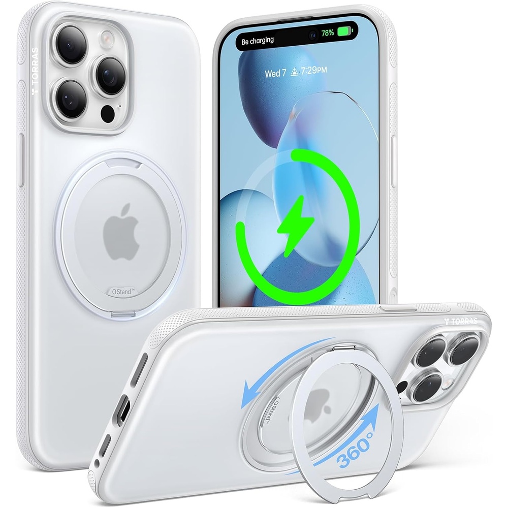 image:imageTORRAS O3 Fitness for iPhone 15 Pro Case Magnetic Stand Fit for MagSafe 360 Rotatable Stable Stand MilitaryGrade Shockproof Slim amp Sleek AntiScratch Cover Glacier White Translucent