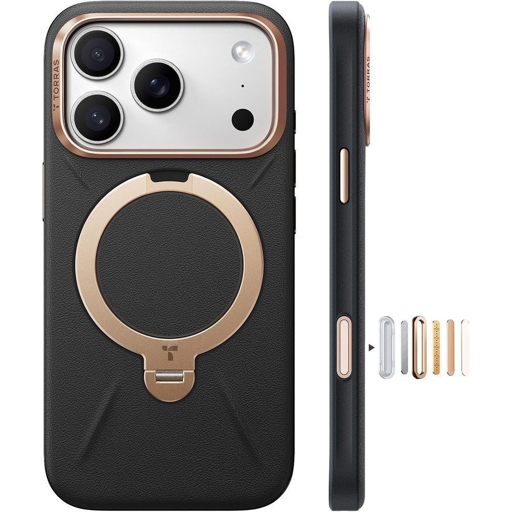 image:imageTORRAS Organic Leather for iPhone 17 Pro Case with Stand Fit for Magsafe 360 Spin Kickstand with Camera Control Premium Leather Durable Stylish Q3 VegSkin for iPhone 17 Pro Phone Case Burnt OrangeMidnight Black