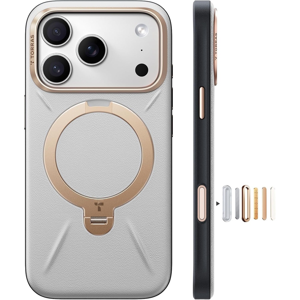 image:imageTORRAS Organic Leather for iPhone 17 Pro Case with Stand Fit for Magsafe 360 Spin Kickstand with Camera Control Premium Leather Durable Stylish Q3 VegSkin for iPhone 17 Pro Phone Case Burnt OrangeGrayish white