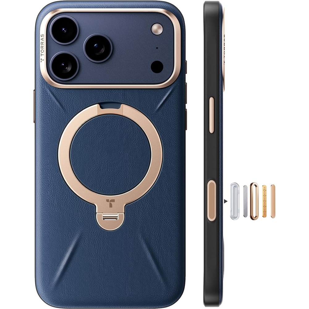 image:imageTORRAS Organic Leather for iPhone 17 Pro Case with Stand Fit for Magsafe 360 Spin Kickstand with Camera Control Premium Leather Durable Stylish Q3 VegSkin for iPhone 17 Pro Phone Case Burnt OrangeDeep Blue