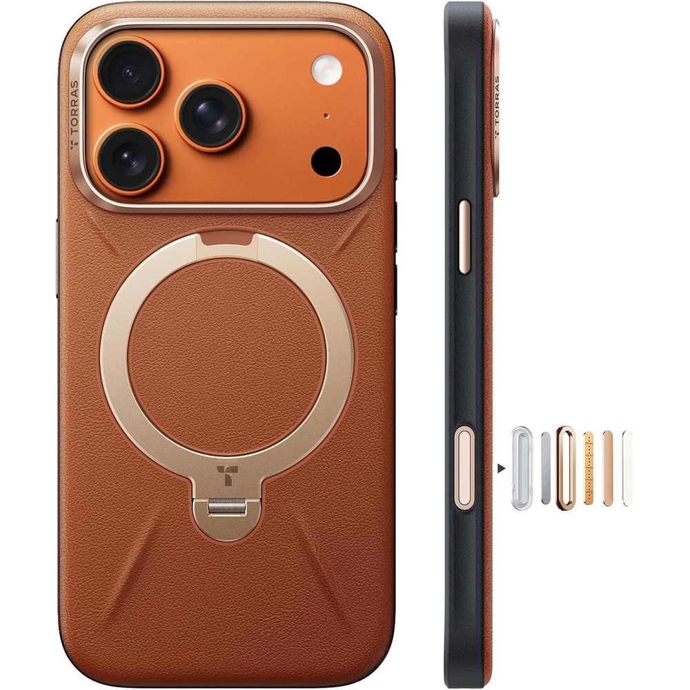 image:imageTORRAS Organic Leather for iPhone 17 Pro Case with Stand Fit for Magsafe 360 Spin Kickstand with Camera Control Premium Leather Durable Stylish Q3 VegSkin for iPhone 17 Pro Phone Case Burnt OrangeSaddle Brown