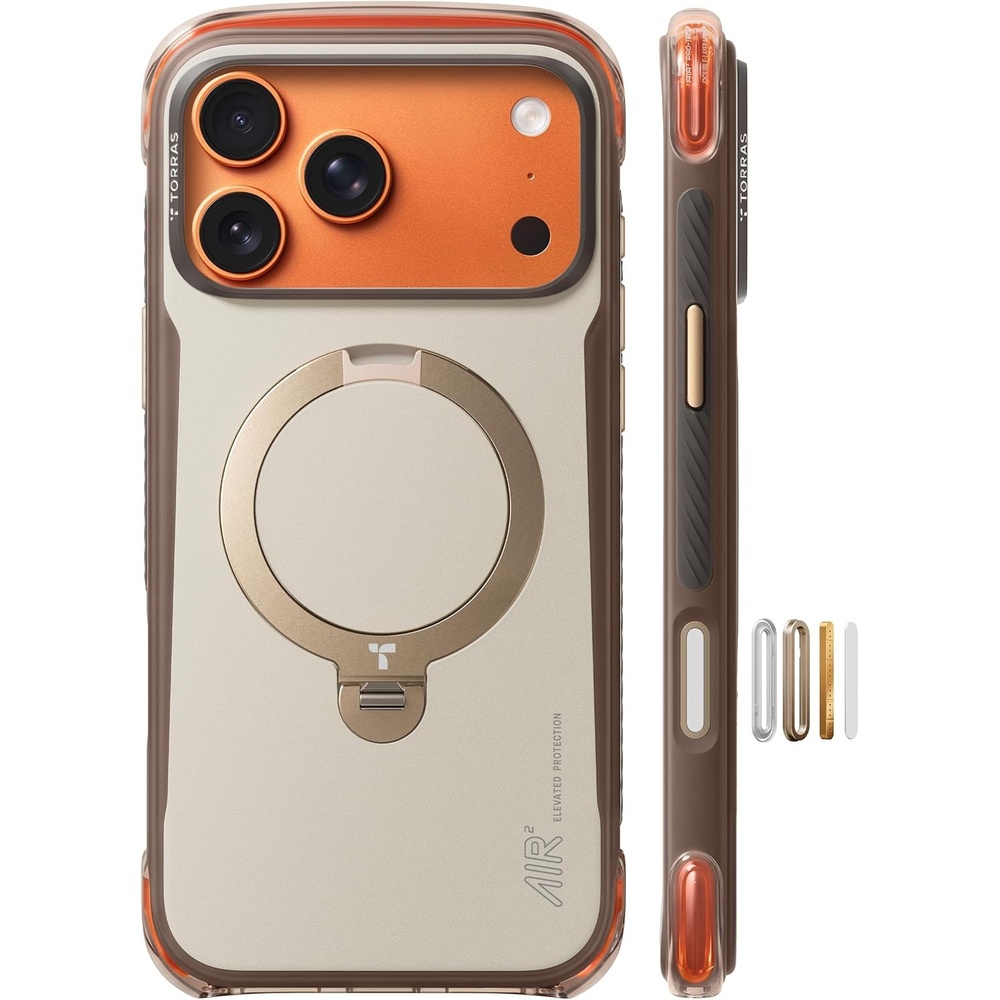 image:imageTORRAS Ostand Q3 Air Pro for iPhone 17 Pro Case 360 Magnetic Stand Fit for MagSafe Dual Airbag Protection AntiSlip Shockproof Phone Case for iPhone 17 Pro WhiteBrown
