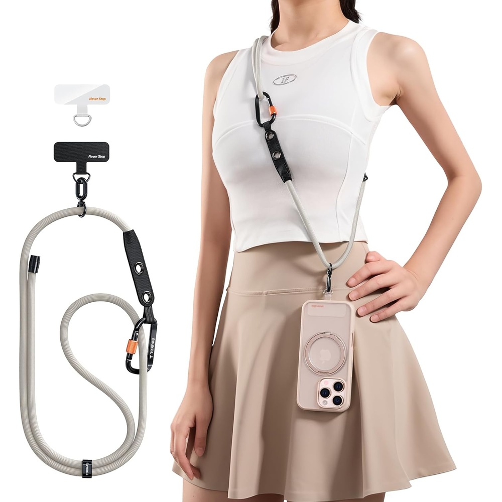 image:imageTORRAS Phone Lanyard with Hanging Loops Adjustable Anti Theft Phone Strap Crossbody for iPhone 17 Pro MaxSkinFriendly2 Tabs Universal Cell Phone Neck Lanyard for Daily amp Outdoor Activities Black2beige