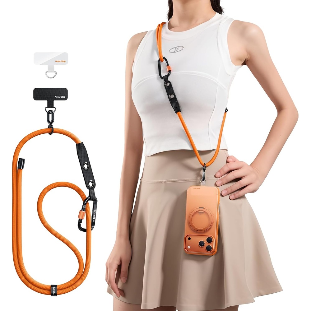 image:imageTORRAS Phone Lanyard with Hanging Loops Adjustable Anti Theft Phone Strap Crossbody for iPhone 17 Pro MaxSkinFriendly2 Tabs Universal Cell Phone Neck Lanyard for Daily amp Outdoor Activities Black5orange