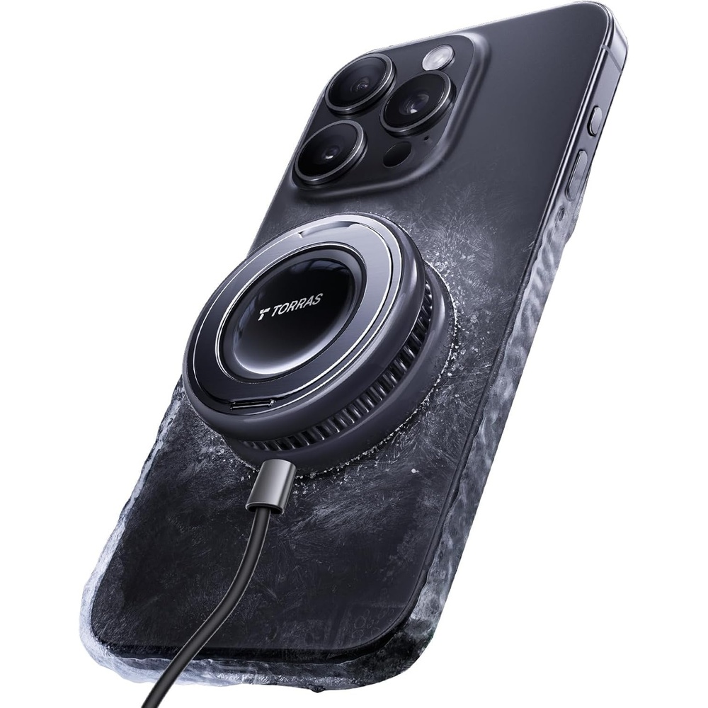 image:imageTORRAS PolarCircle Qi22 Wireless Charger 25W Cooling Magnetic Pad for iPhone 1716 Wireless Charger for Samsung Galaxy S26S25 with 360Spin Stand Semiconductor Game Cooler with 45W IceNano PlugBlack