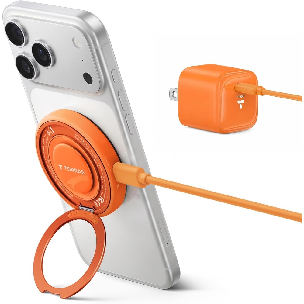 image:imageTORRAS PolarCircle Qi22 Wireless Charger 25W Cooling Magnetic Pad for iPhone 1716 Wireless Charger for Samsung Galaxy S26S25 with 360Spin Stand Semiconductor Game Cooler with 45W IceNano PlugOrange