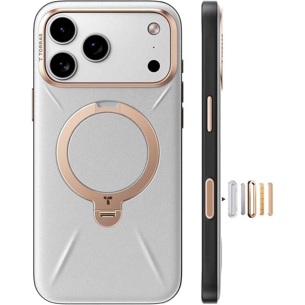 image:imageTORRAS Q3 VegSkin for iPhone 17 Pro Max Case Leather 360 Spin Magnetic Stand Fit for MagSafe Camera Control Shockproof Premium Organic Silicone Leather Case for iPhone 17 Pro Max Burnt OrangeGrayish white