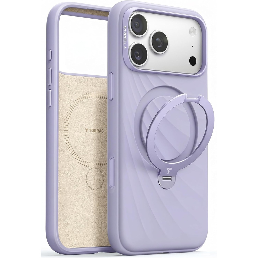 image:imageTORRAS Q3 Wind for iPhone 17 Pro Max Case Liquid Silicone Fit for MagSafe 360 Spin Magnetic Stand Soft Grip Camera Control Protective Phone Case for iPhone 17 Pro Max Case Cream GlowLilac Haze