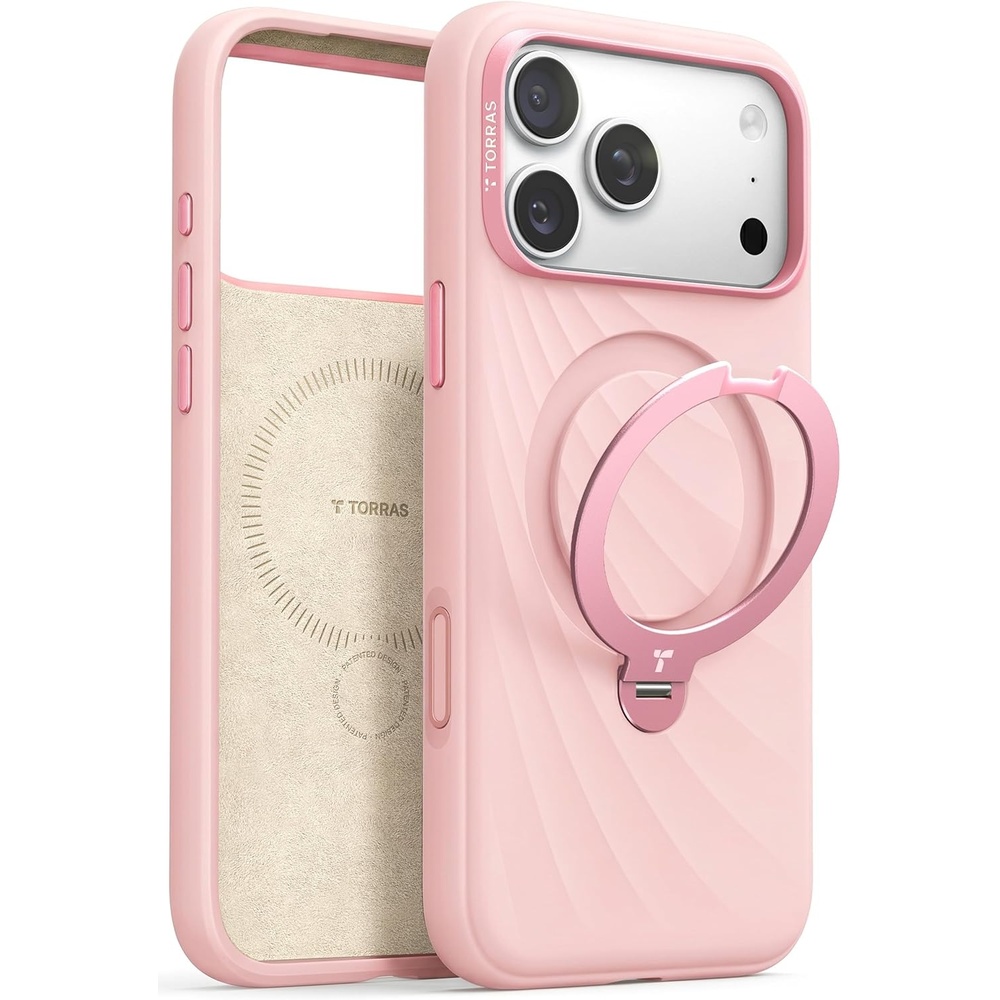 image:imageTORRAS Q3 Wind for iPhone 17 Pro Max Case Liquid Silicone Fit for MagSafe 360 Spin Magnetic Stand Soft Grip Camera Control Protective Phone Case for iPhone 17 Pro Max Case Cream GlowPowder Pink