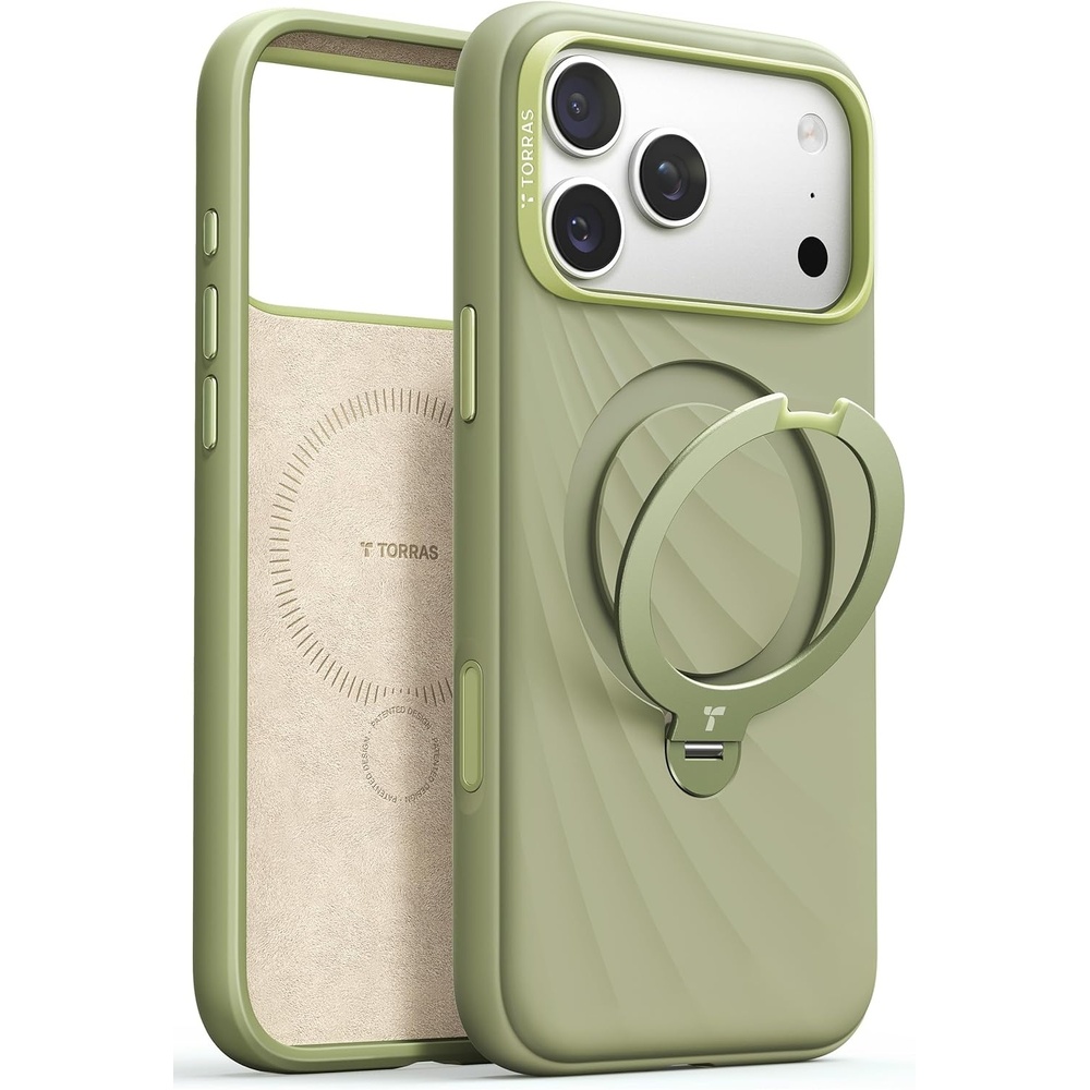 image:imageTORRAS Q3 Wind for iPhone 17 Pro Max Case Liquid Silicone Fit for MagSafe 360 Spin Magnetic Stand Soft Grip Camera Control Protective Phone Case for iPhone 17 Pro Max Case Cream GlowSage Green
