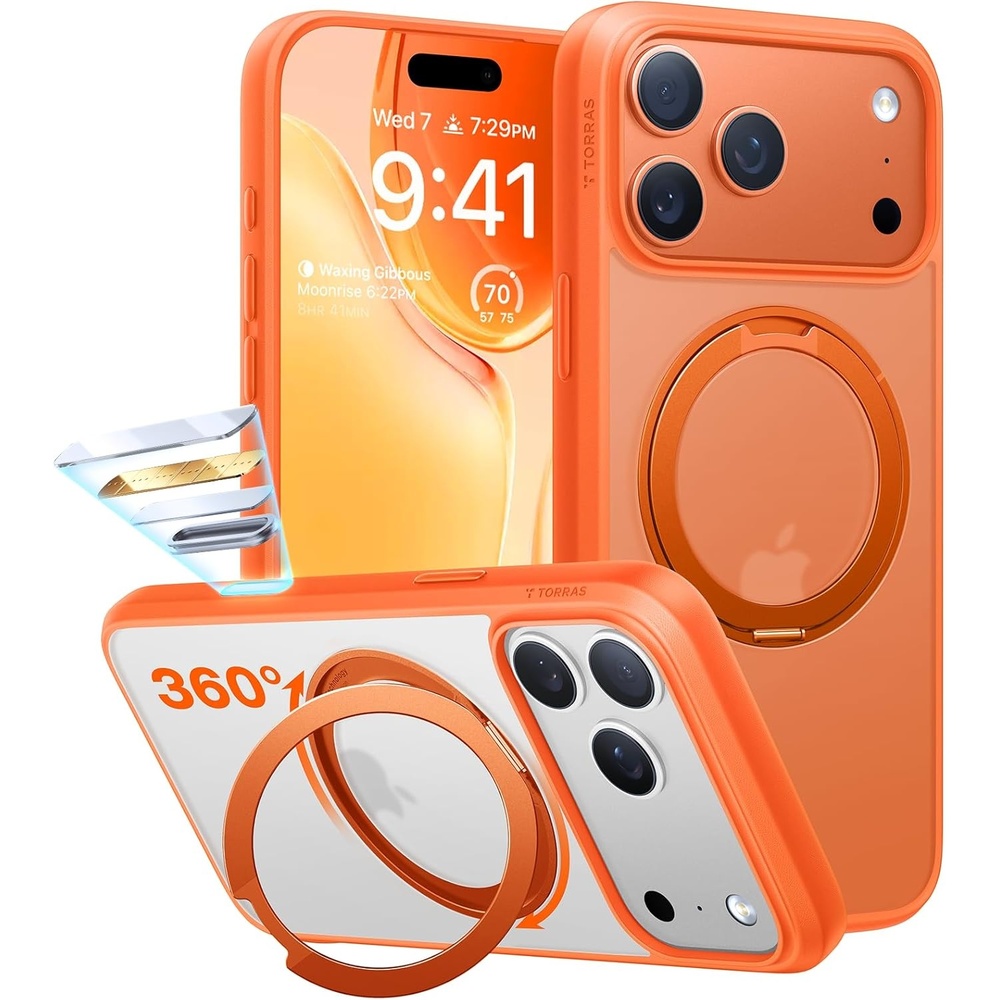 image:imageTORRAS Upgraded 360 Rotatable Magnetic Ring for iPhone 15 Pro Max Case Fit for MagSafe with Stand Ring Holder 16FT MilGrade Shockproof Translucent for iPhone 15 Pro Max Phone Case Ostand BlackNeon Orange