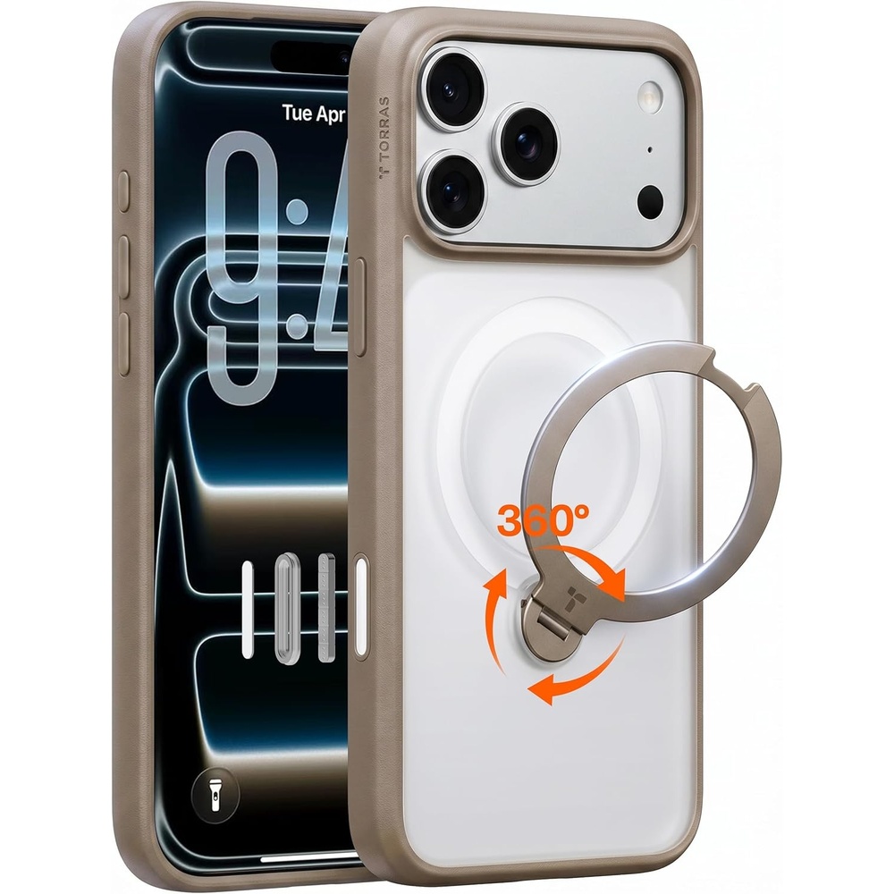 image:imageTORRAS Upgraded 360 Spin Magnetic Stand for iPhone 16 Pro Case Fit for MagSafe Builtin Kickstand Camera Control MilGrade Protective Soft Edge Translucent Case for iPhone 16 Pro Black 63Brown